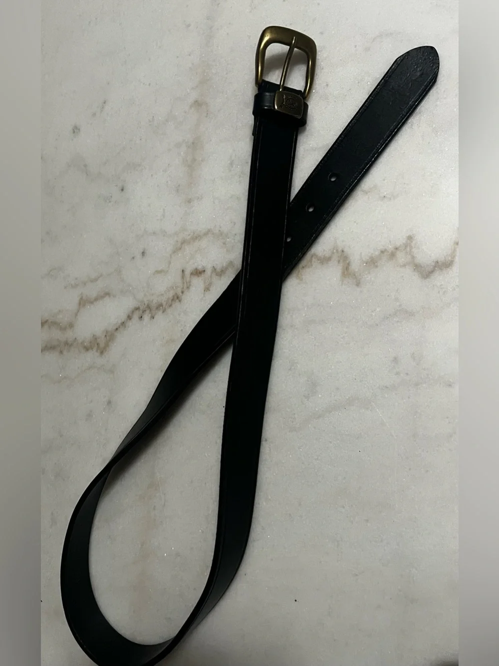 Tommy Hillfiger Black Leather Belt Brass Buckle Lion Crest Men’s Size 32